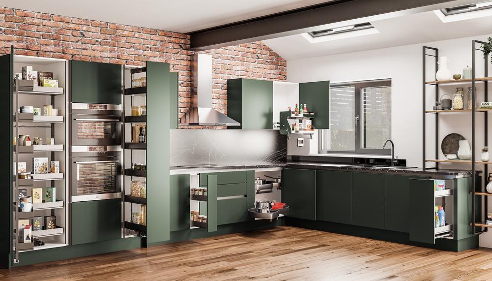 Kesseböhmer comprehensive storage solutions from PWS include a range of 150mm to 400mm pull-out base units, corner units, 300mm larder units and swing-out options to create an efficient and ergonomically designed kitchen