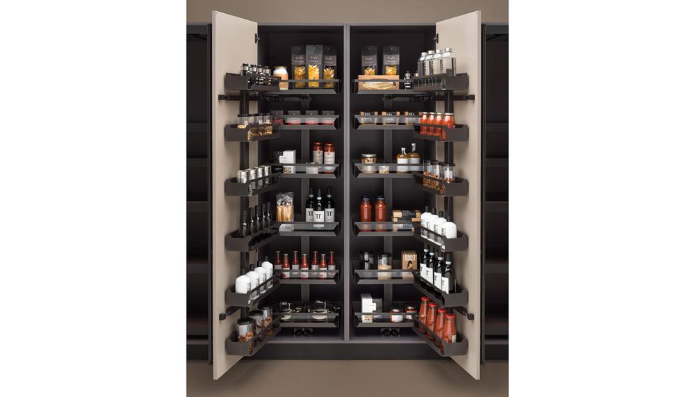 This double deluxe pantry larder unit from Häfele UK’s Utensio range in gunmetal grey features pull-out and swing-out solutions that prioritise full-extension movement with a total load bearing capacity of 125kg when in a 10 basket configuration of door and inner baskets