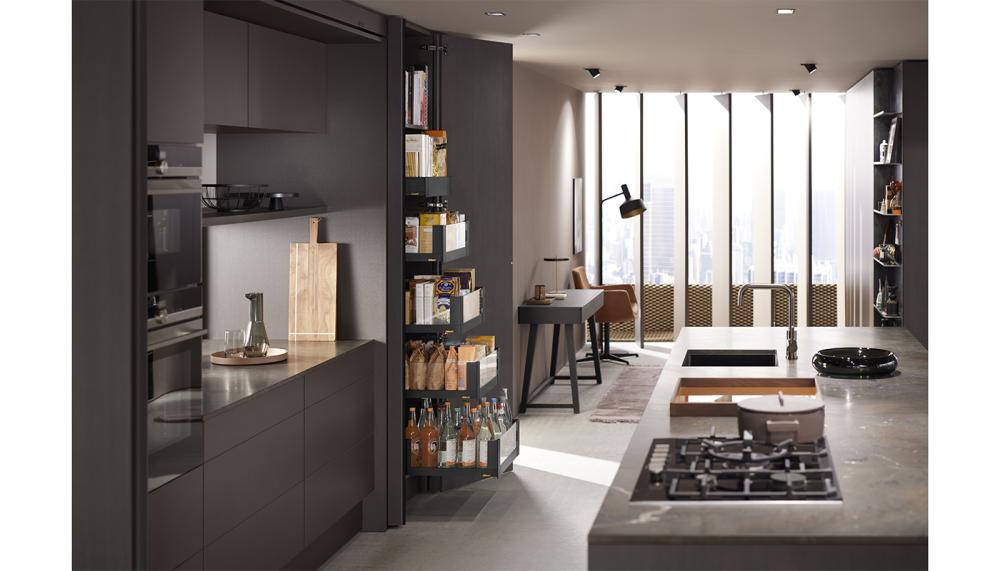 The Blum Space Tower allows for easy access for up to 350kg of stored goods, accessible from 3 sides for complete convenience it is fully compatible with Blum's drawer box range, and can be installed in units as narrow as 150mm